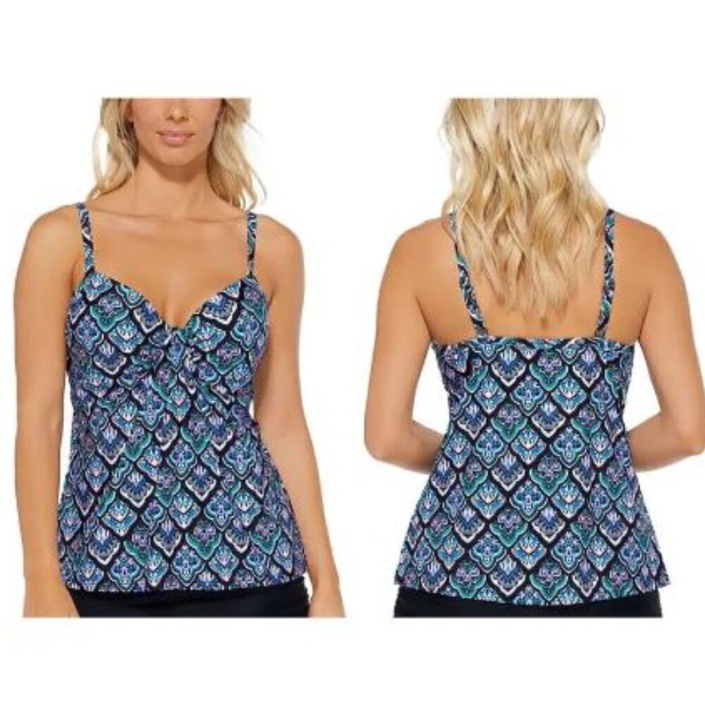 Island Escape NWT Flowy Scorpio Blue Multicolor Print Tankini Women's Size 8 - Picture 2 of 15